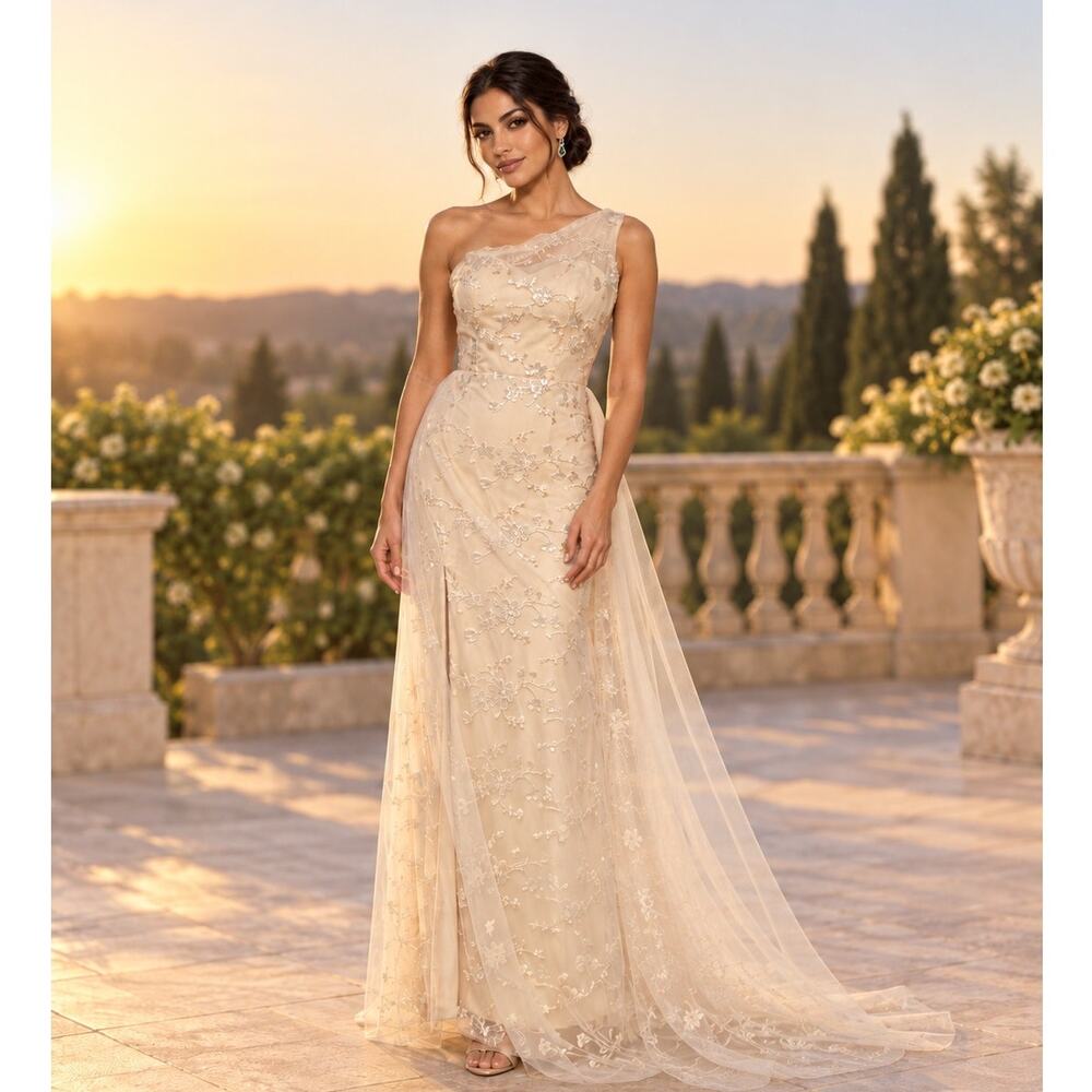 Champagne Floral Embroidered One Shoulder Corset Slit Train Formal Gown 10 NWT